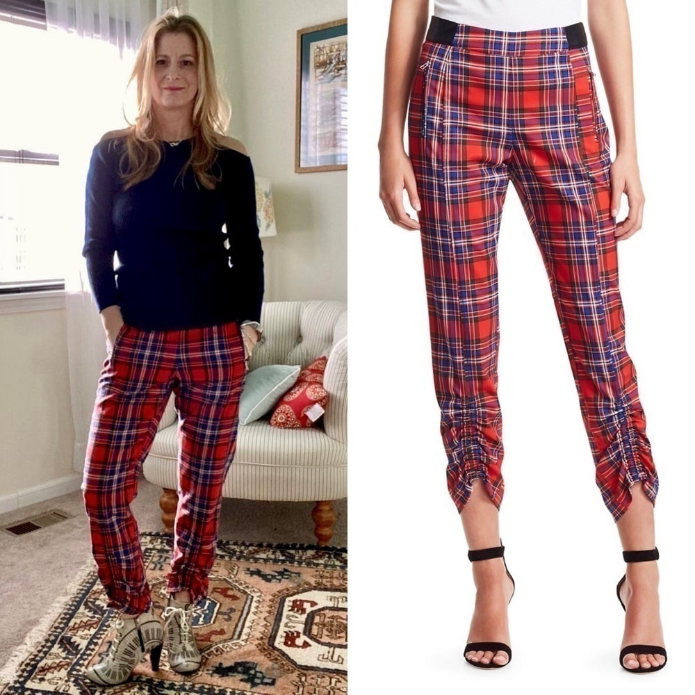 TANYA TAYLOR Tartan Plaid Check Lamb Leather Trim Ruched Ankle Crop Trousers 14 - Picture 3 of 10